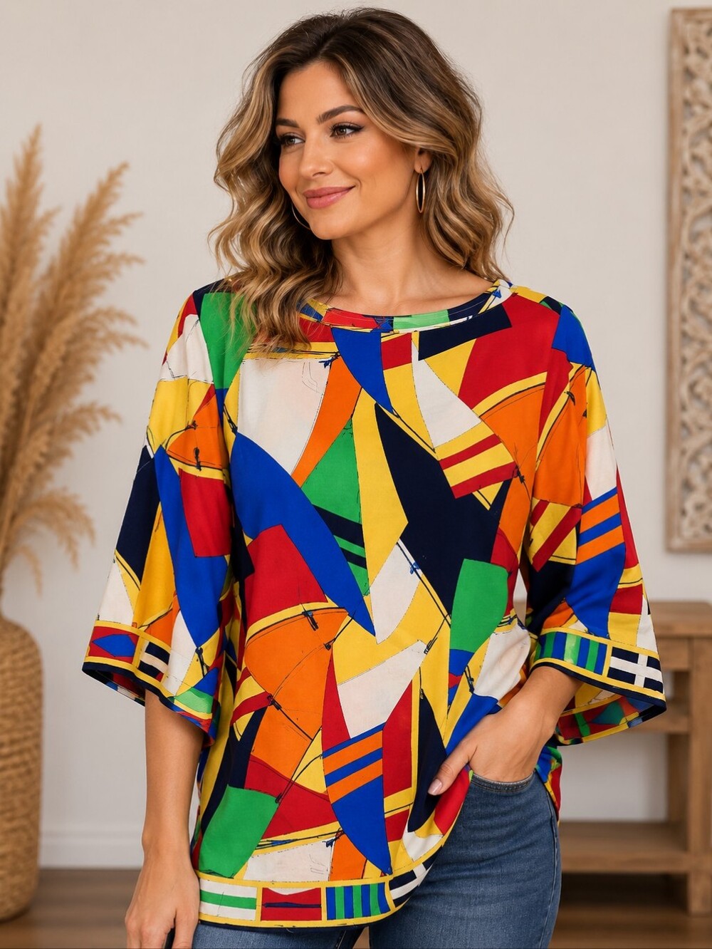 560.Lauren Ralph Lauren Silk Abstract Multi-Color Geometric Round-Neck Blouse